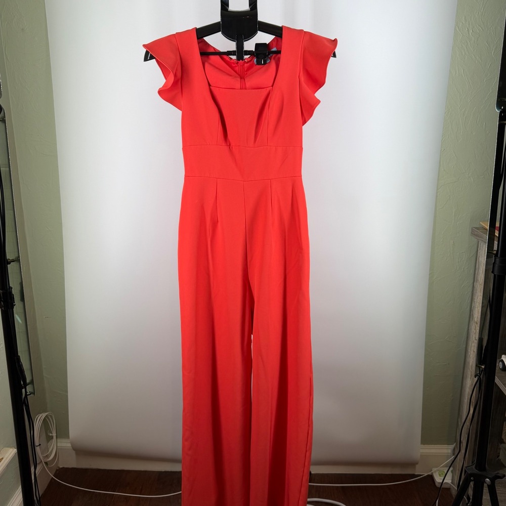 Antonio Melani Red Flutter Sleeve Wide Leg Jumpsuit Size 0 Square Neck Formal